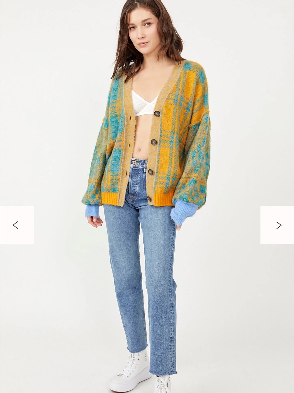 Free People Sepia Plaid Cardigan in Marigold Sky Combo Sz XS OVERSIZED FuzzyWool - Picture 7 of 15